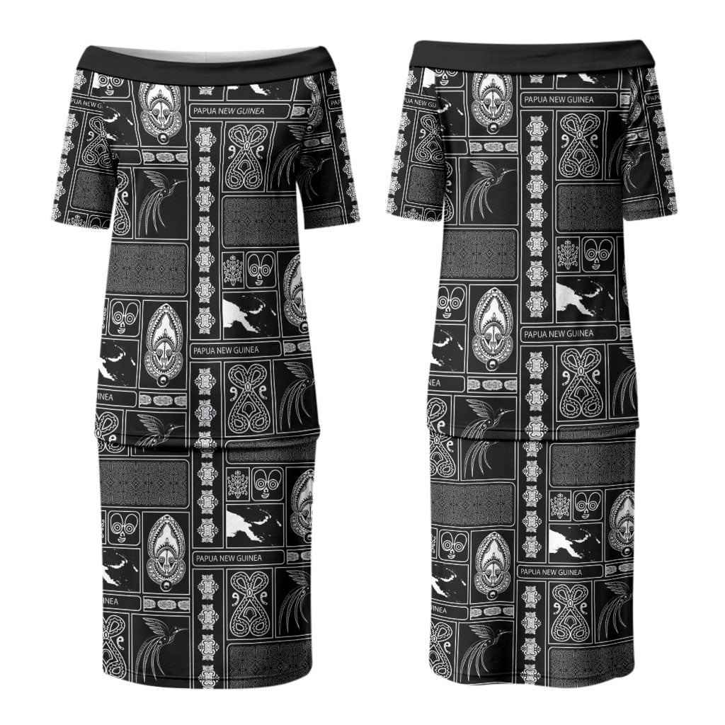 Papua New Guinea Heritage Motif Couples Matching Puletasi and Long Sleeve Button Shirt Black Version