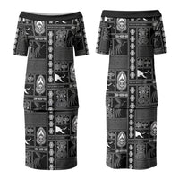Papua New Guinea Heritage Motif Couples Matching Puletasi and Long Sleeve Button Shirt Black Version