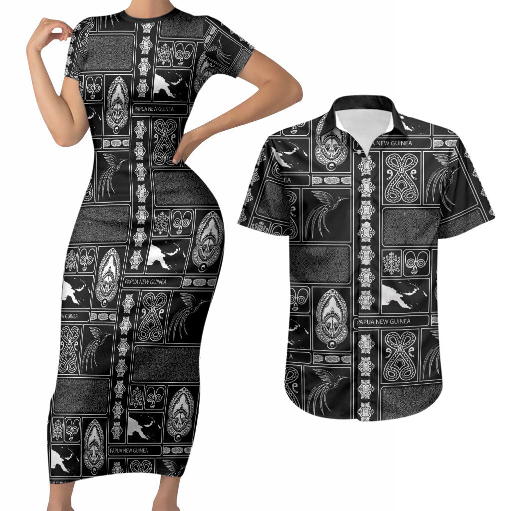 Papua New Guinea Heritage Motif Couples Matching Short Sleeve Bodycon Dress and Hawaiian Shirt Black Version