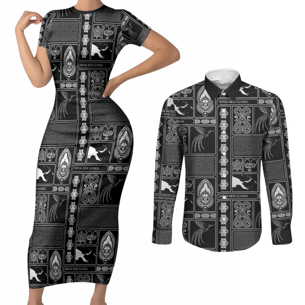 Papua New Guinea Heritage Motif Couples Matching Short Sleeve Bodycon Dress and Long Sleeve Button Shirt Black Version