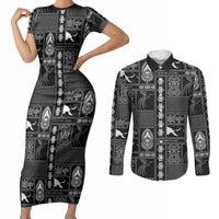 Papua New Guinea Heritage Motif Couples Matching Short Sleeve Bodycon Dress and Long Sleeve Button Shirt Black Version