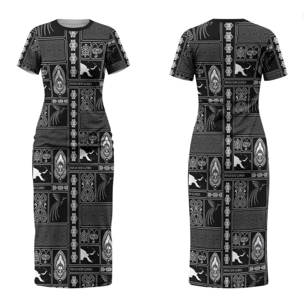Papua New Guinea Heritage Motif Couples Matching Short Sleeve Bodycon Dress and Long Sleeve Button Shirt Black Version
