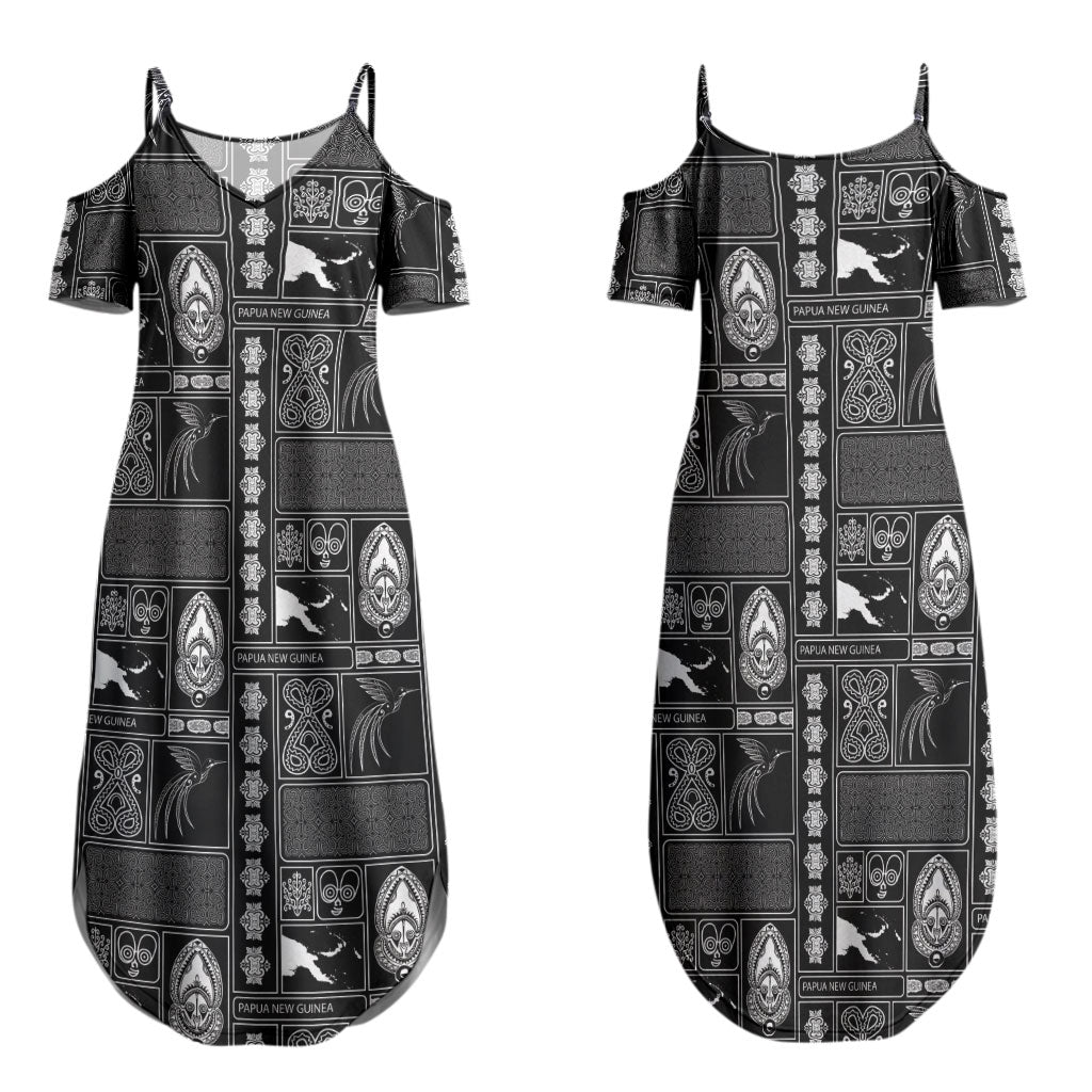 Papua New Guinea Heritage Motif Couples Matching Summer Maxi Dress and Long Sleeve Button Shirt Black Version