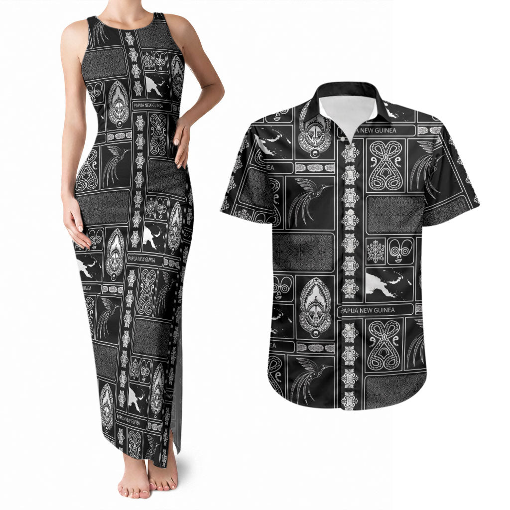 Papua New Guinea Heritage Motif Couples Matching Tank Maxi Dress and Hawaiian Shirt Black Version