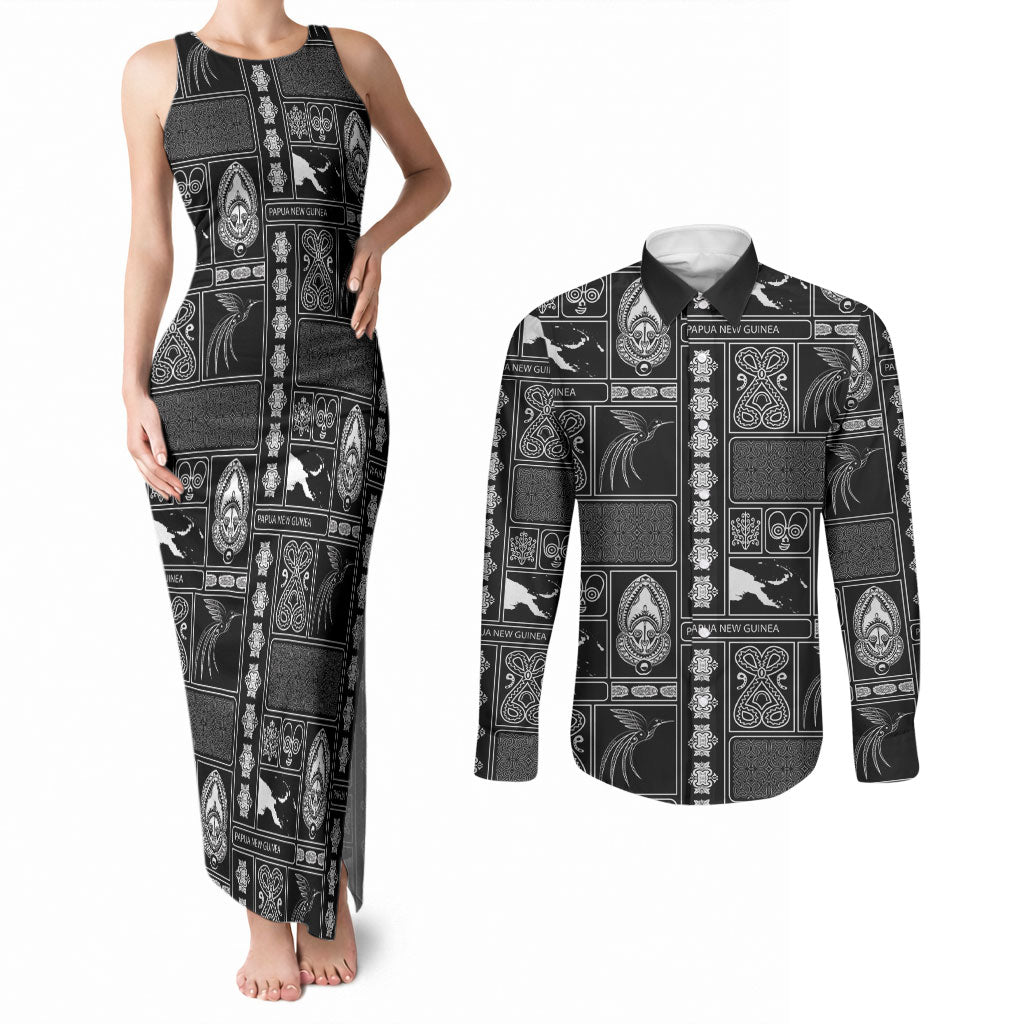 Papua New Guinea Heritage Motif Couples Matching Tank Maxi Dress and Long Sleeve Button Shirt Black Version LT05 Black - Polynesian Pride