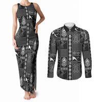 Papua New Guinea Heritage Motif Couples Matching Tank Maxi Dress and Long Sleeve Button Shirt Black Version