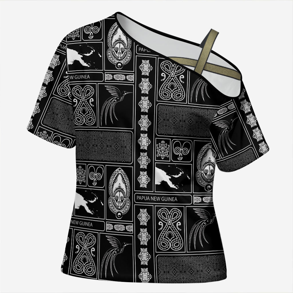 Papua New Guinea Heritage Motif Cross Shoulder Shirt Black Version LT05 Female Black - Polynesian Pride