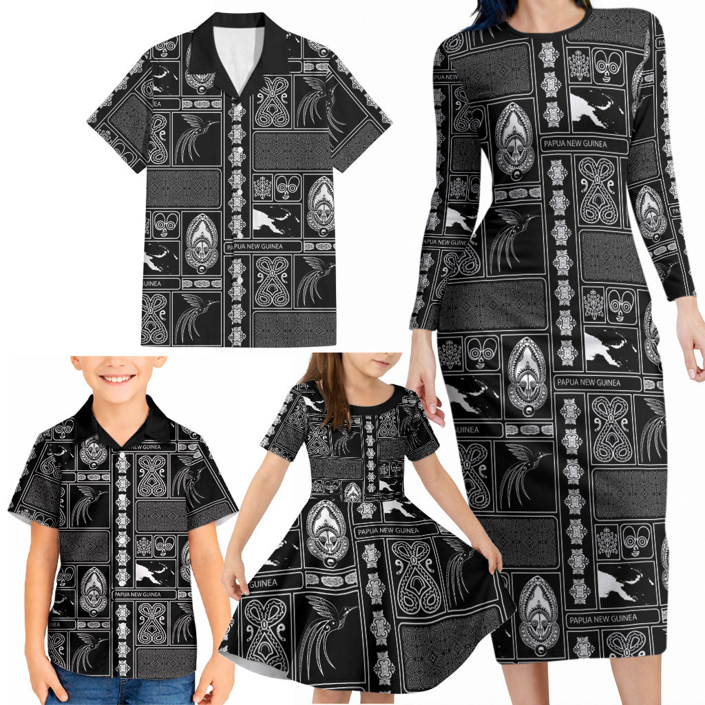 Papua New Guinea Heritage Motif Family Matching Long Sleeve Bodycon Dress and Hawaiian Shirt Black Version