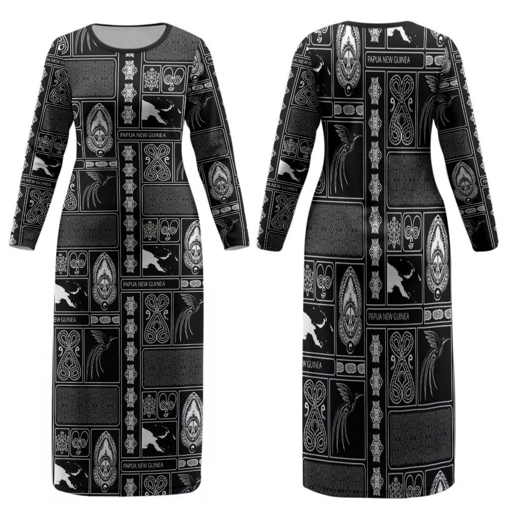 Papua New Guinea Heritage Motif Family Matching Long Sleeve Bodycon Dress and Hawaiian Shirt Black Version