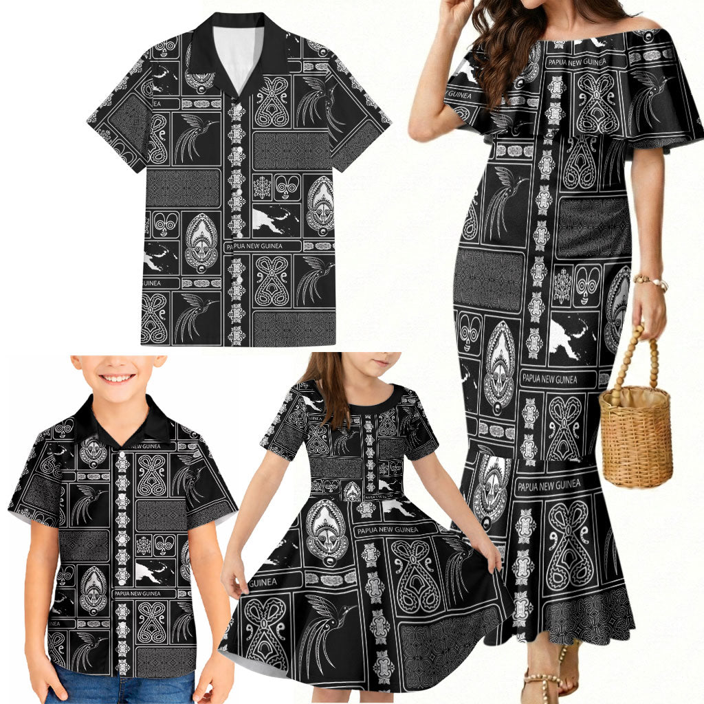 Papua New Guinea Heritage Motif Family Matching Mermaid Dress and Hawaiian Shirt Black Version