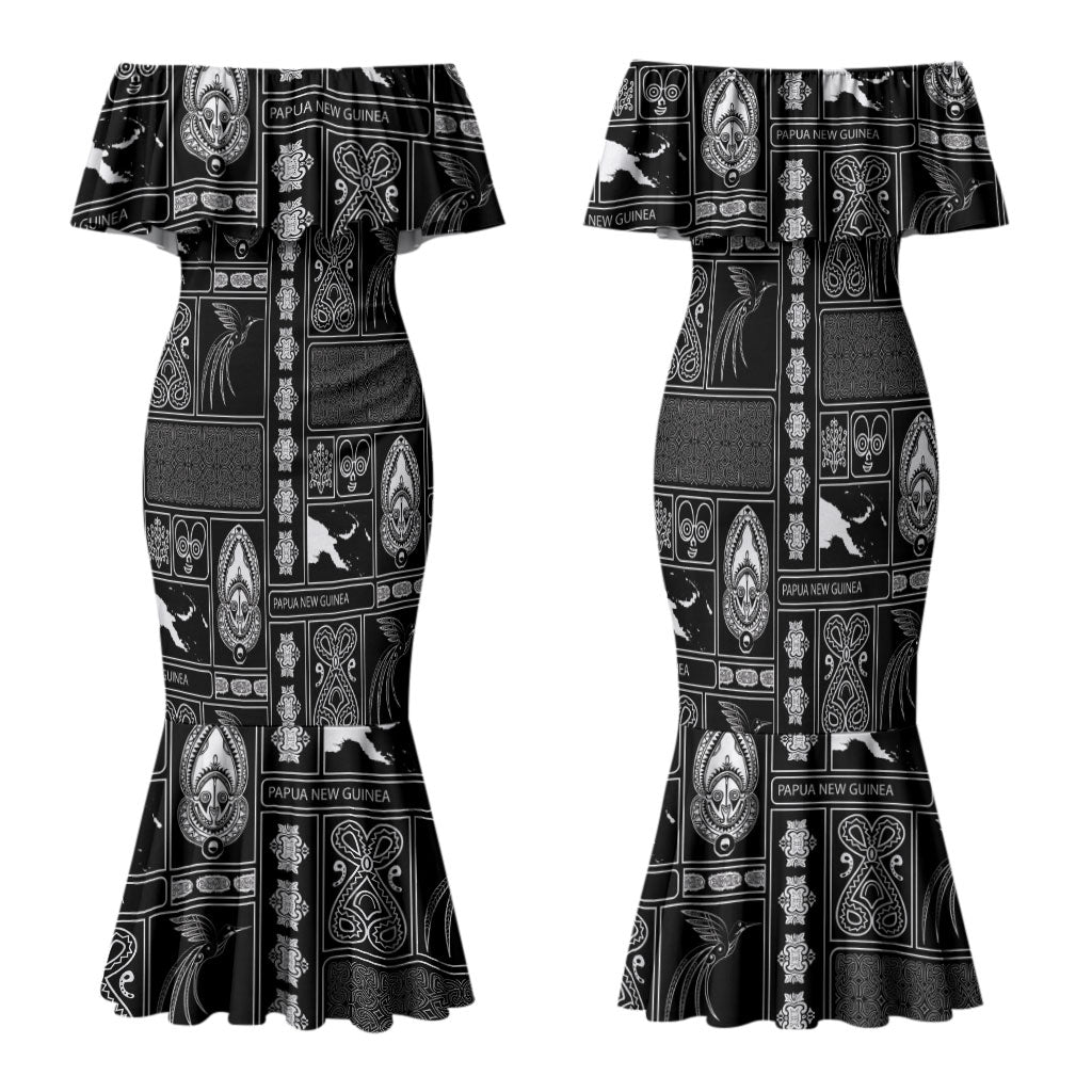 Papua New Guinea Heritage Motif Family Matching Mermaid Dress and Hawaiian Shirt Black Version