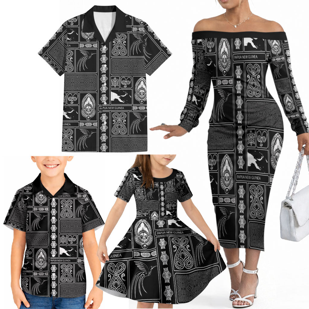 Papua New Guinea Heritage Motif Family Matching Off The Shoulder Long Sleeve Dress and Hawaiian Shirt Black Version