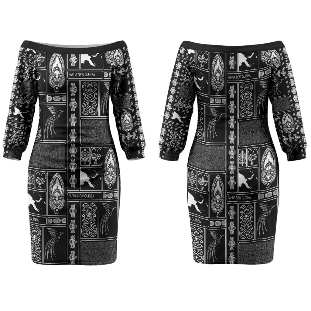 Papua New Guinea Heritage Motif Family Matching Off The Shoulder Long Sleeve Dress and Hawaiian Shirt Black Version