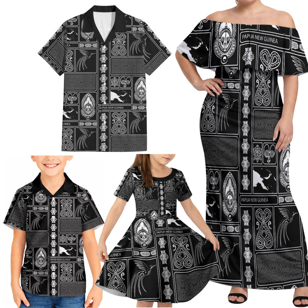 Papua New Guinea Heritage Motif Family Matching Off Shoulder Maxi Dress and Hawaiian Shirt Black Version LT05 - Polynesian Pride