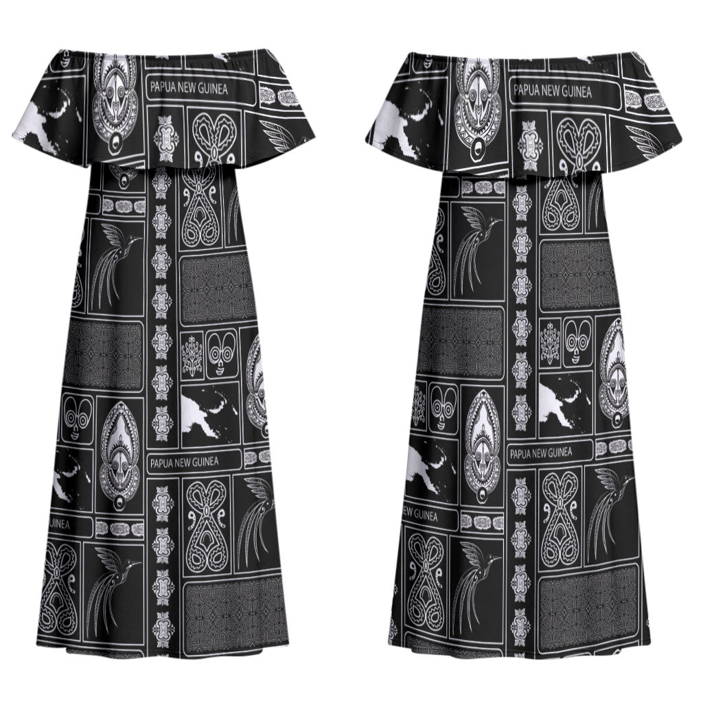 Papua New Guinea Heritage Motif Family Matching Off Shoulder Maxi Dress and Hawaiian Shirt Black Version