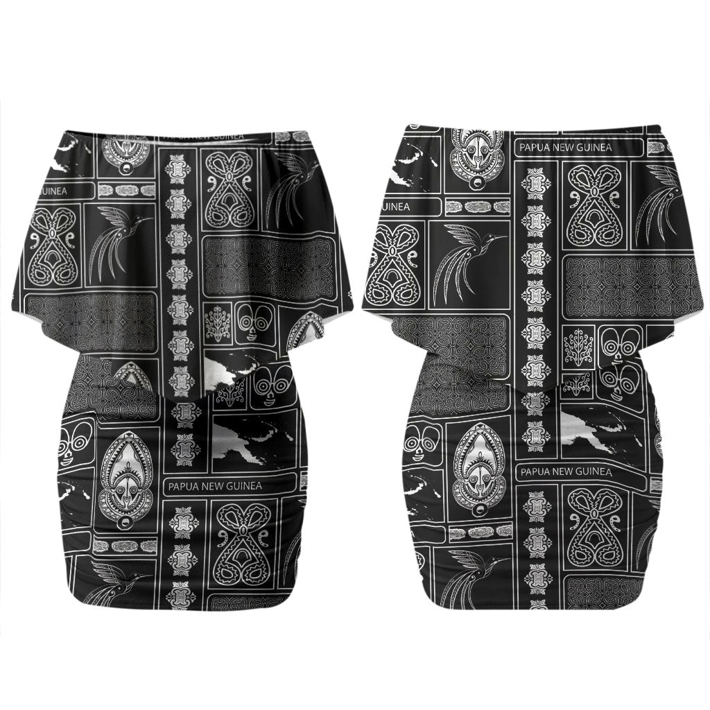 Papua New Guinea Heritage Motif Family Matching Off Shoulder Short Dress and Hawaiian Shirt Black Version