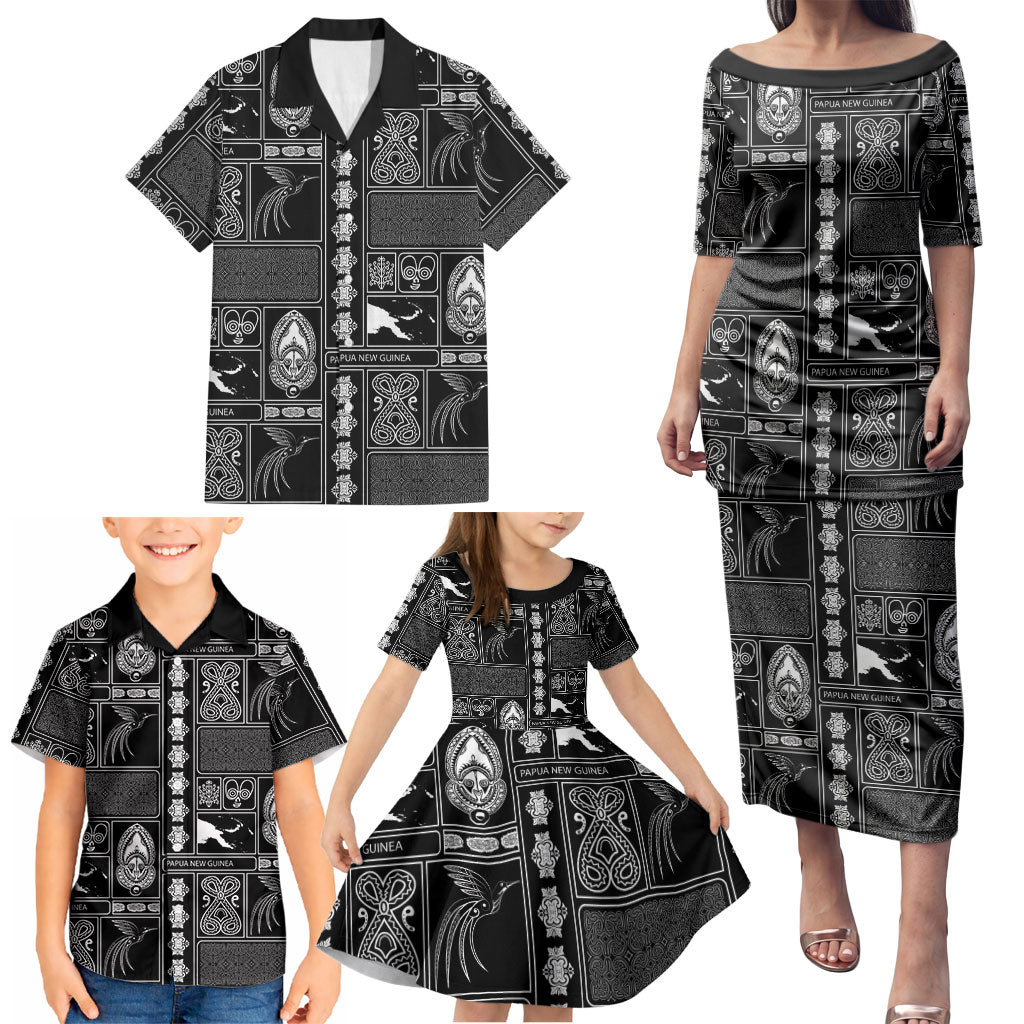 Papua New Guinea Heritage Motif Family Matching Puletasi and Hawaiian Shirt Black Version