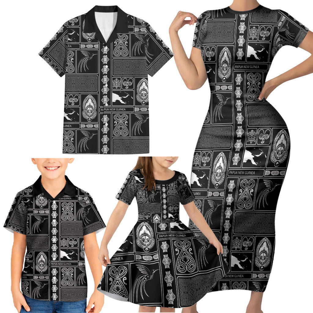 Papua New Guinea Heritage Motif Family Matching Short Sleeve Bodycon Dress and Hawaiian Shirt Black Version