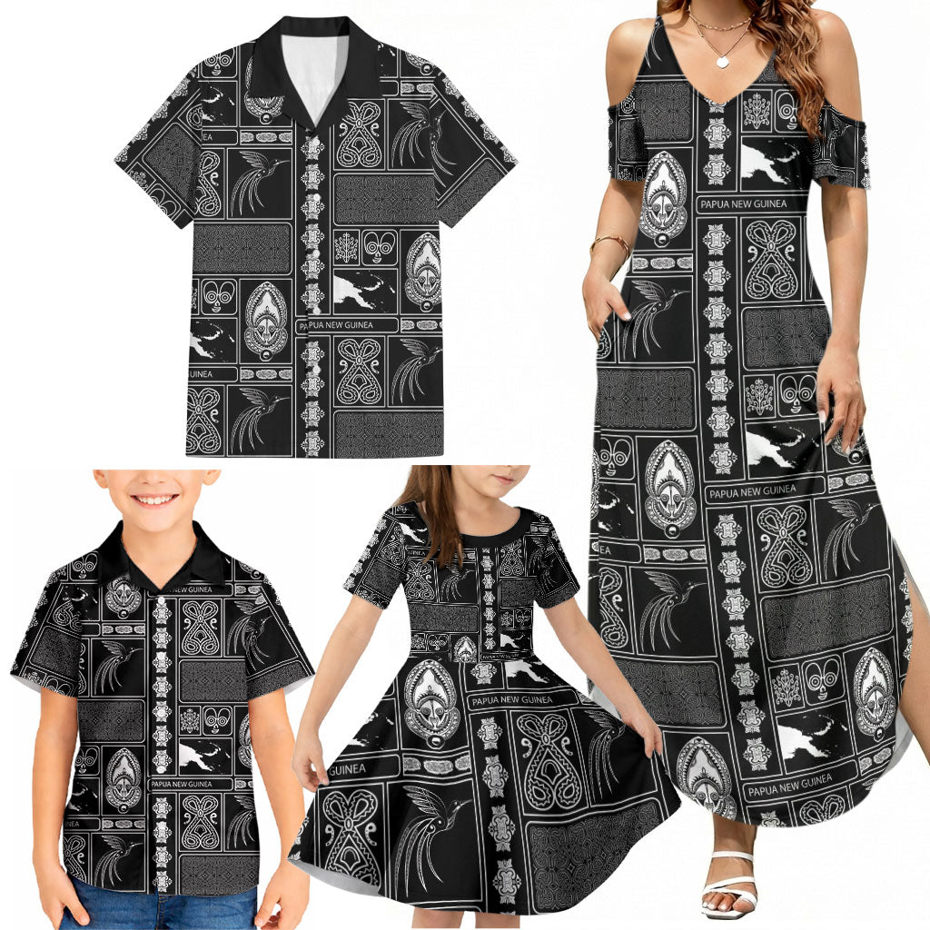 Papua New Guinea Heritage Motif Family Matching Summer Maxi Dress and Hawaiian Shirt Black Version