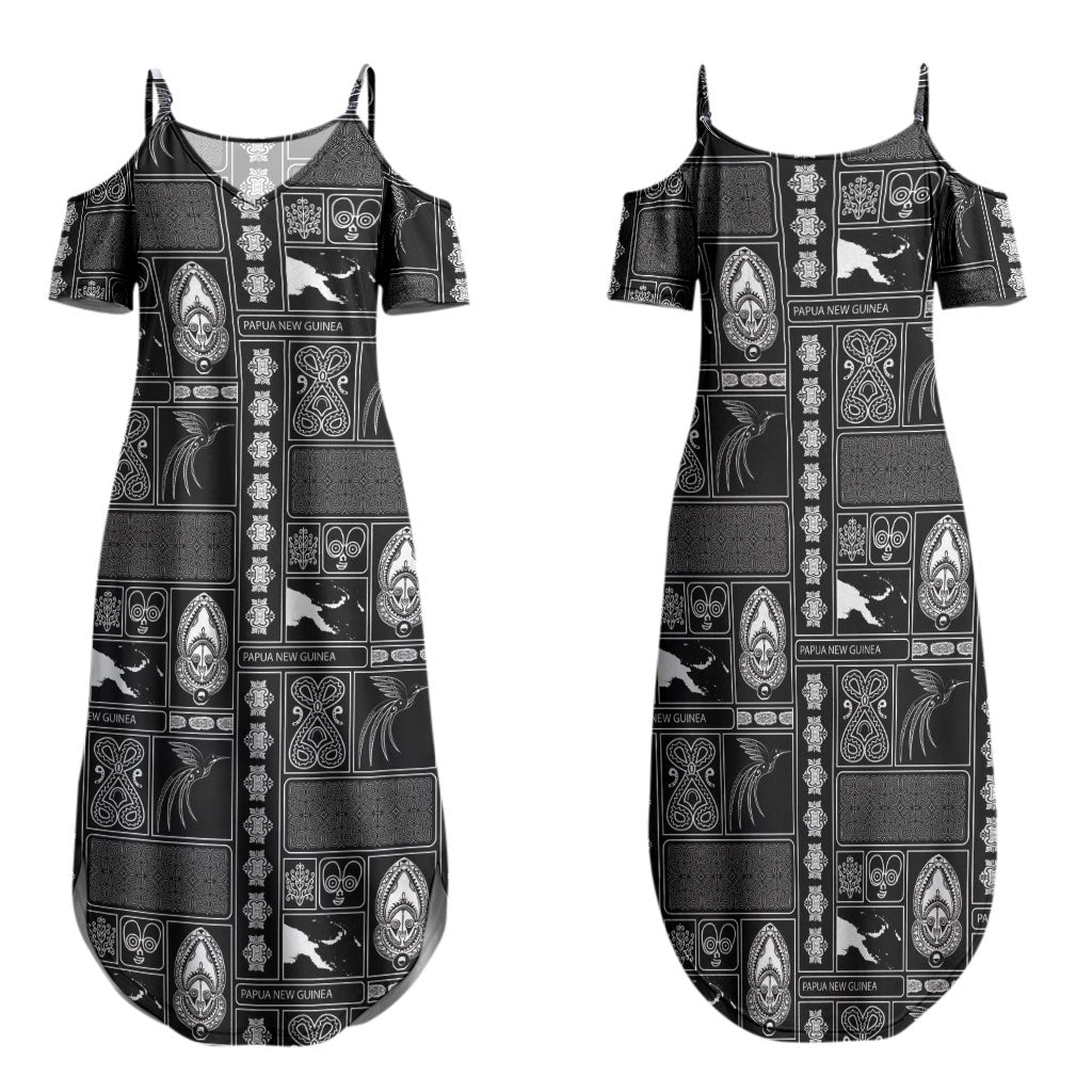 Papua New Guinea Heritage Motif Family Matching Summer Maxi Dress and Hawaiian Shirt Black Version