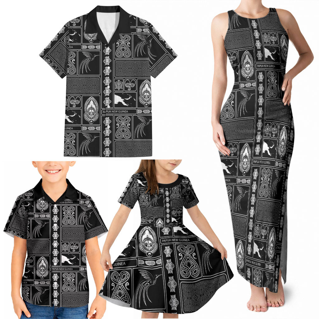 Papua New Guinea Heritage Motif Family Matching Tank Maxi Dress and Hawaiian Shirt Black Version LT05 - Polynesian Pride