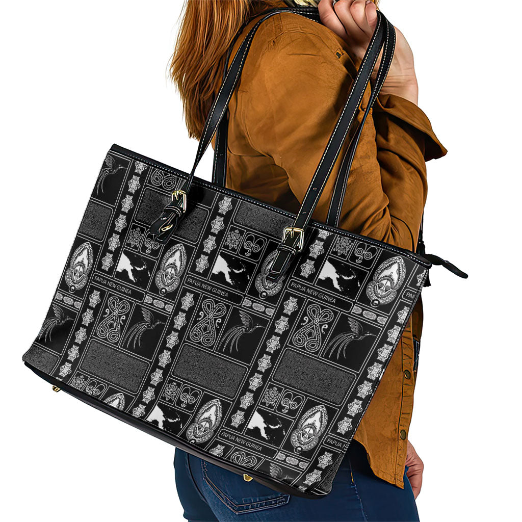 Papua New Guinea Heritage Motif Leather Tote Bag Black Version
