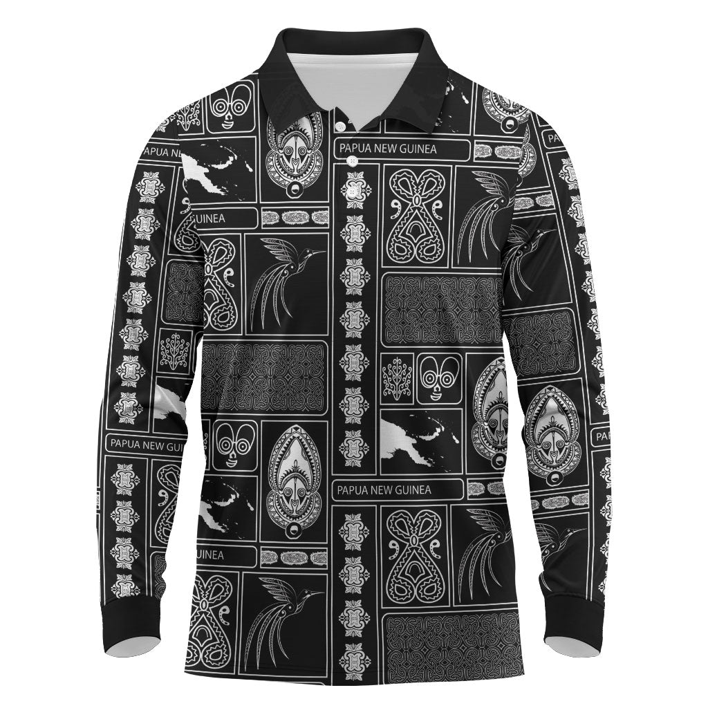 Papua New Guinea Heritage Motif Long Sleeve Polo Shirt Black Version