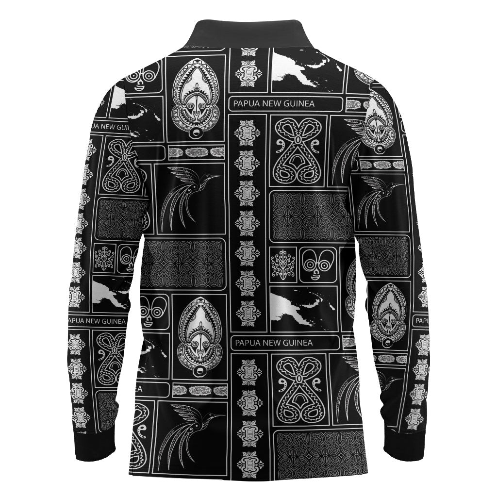 Papua New Guinea Heritage Motif Long Sleeve Polo Shirt Black Version