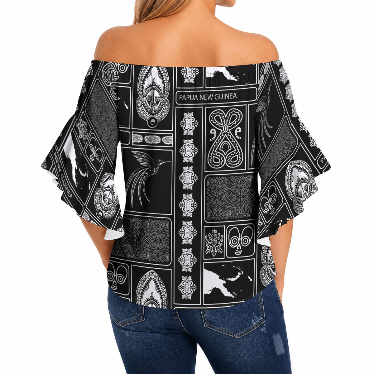 Papua New Guinea Heritage Motif Off Shoulder Wrap Waist Top Black Version