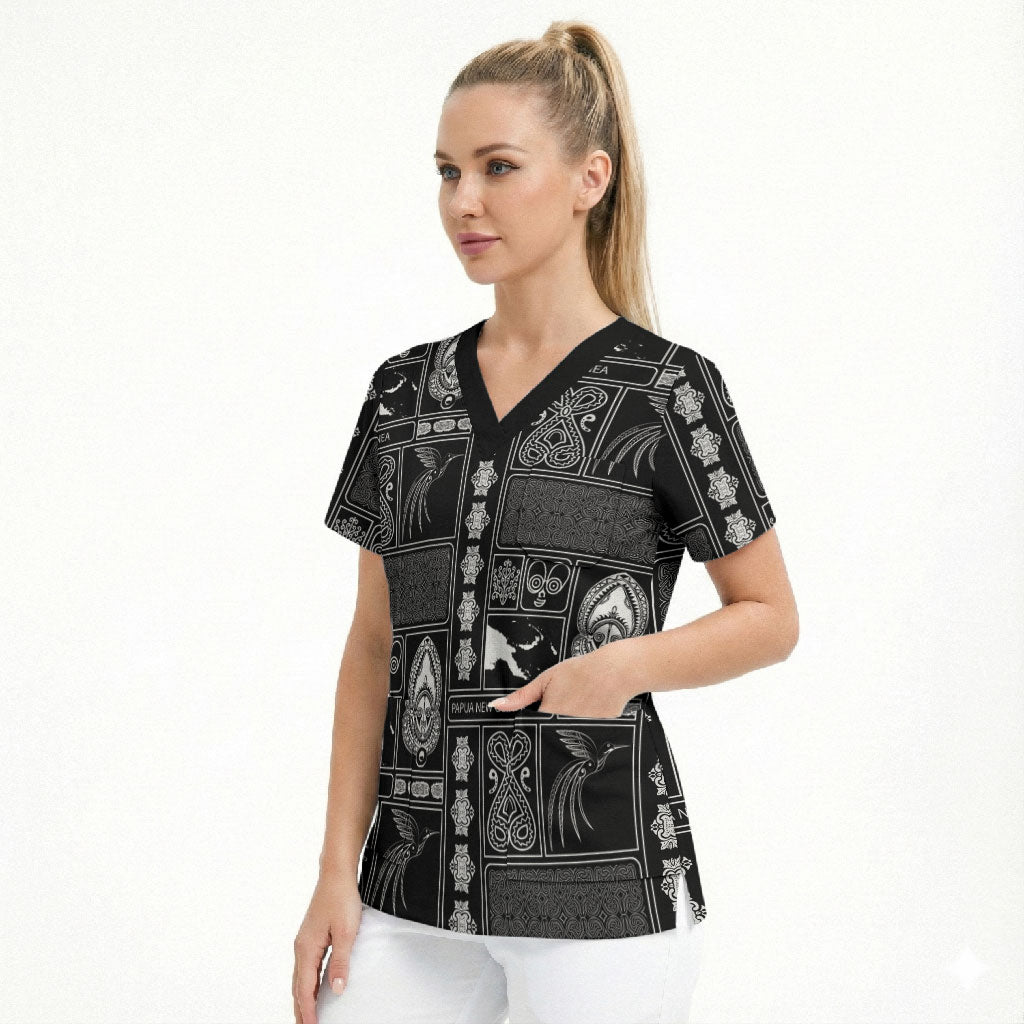 Papua New Guinea Heritage Motif Scrub Top Black Version