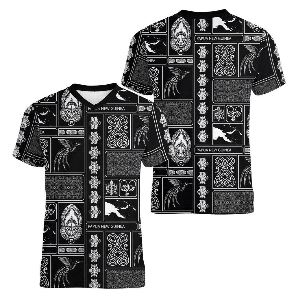 Papua New Guinea Heritage Motif Women V-Neck T-Shirt Black Version