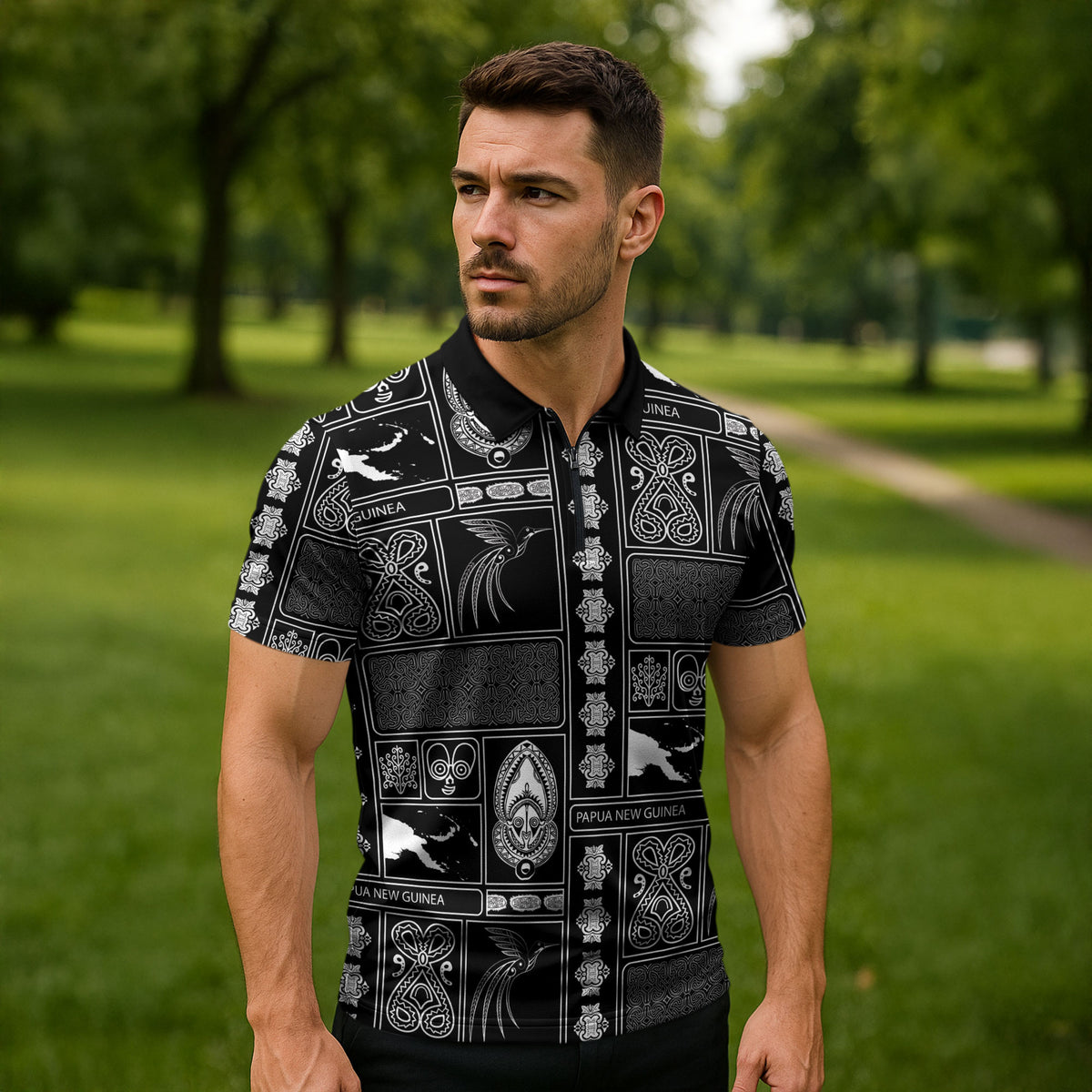 Papua New Guinea Heritage Motif Zipper Polo Shirt Black Version