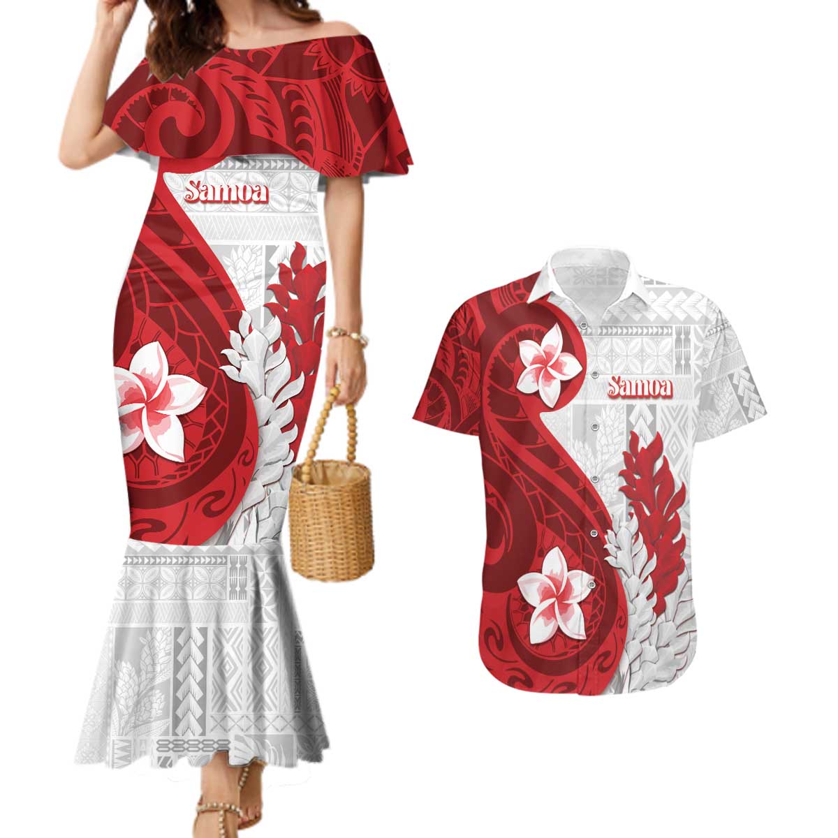Samoa Teuila 2024 Couples Matching Mermaid Dress and Hawaiian Shirt Samoan Siapo Pattern Red Version LT05 Red - Polynesian Pride