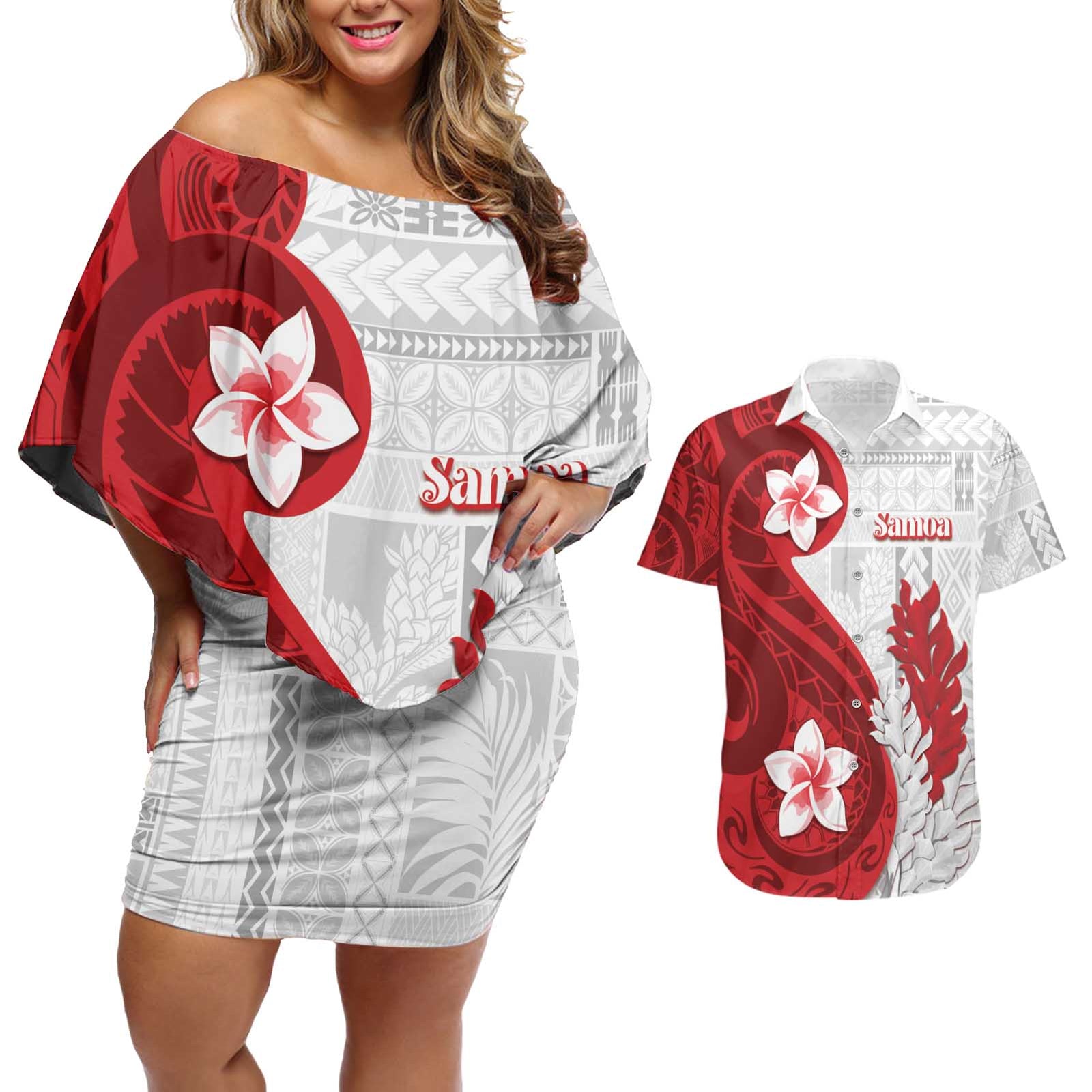 Samoa Teuila 2024 Couples Matching Off Shoulder Short Dress and Hawaiian Shirt Samoan Siapo Pattern Red Version LT05 Red - Polynesian Pride