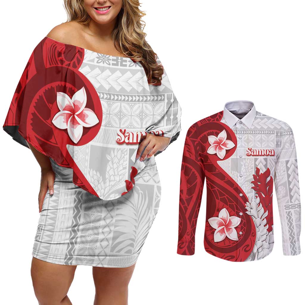 Samoa Teuila 2024 Couples Matching Off Shoulder Short Dress and Long Sleeve Button Shirt Samoan Siapo Pattern Red Version LT05 Red - Polynesian Pride