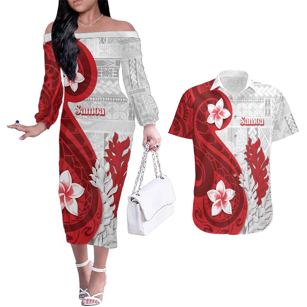 Samoa Teuila 2024 Couples Matching Off The Shoulder Long Sleeve Dress and Hawaiian Shirt Samoan Siapo Pattern Red Version LT05 Red - Polynesian Pride