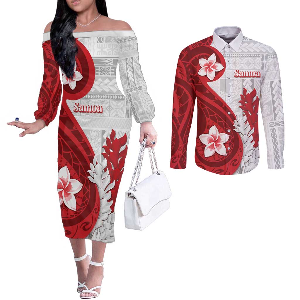 Samoa Teuila 2024 Couples Matching Off The Shoulder Long Sleeve Dress and Long Sleeve Button Shirt Samoan Siapo Pattern Red Version LT05 Red - Polynesian Pride