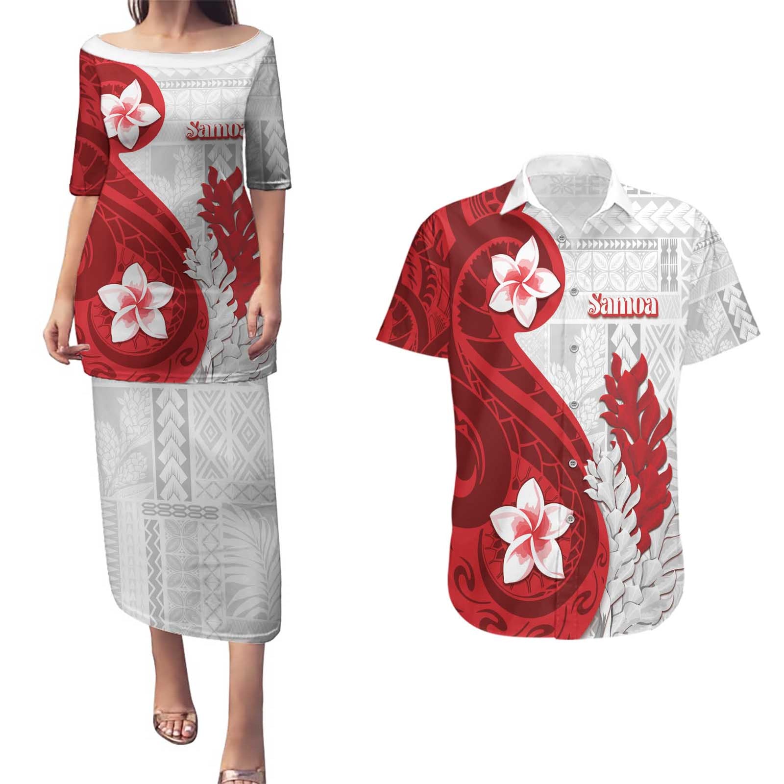 Samoa Teuila 2024 Couples Matching Puletasi and Hawaiian Shirt Samoan Siapo Pattern Red Version LT05 Red - Polynesian Pride