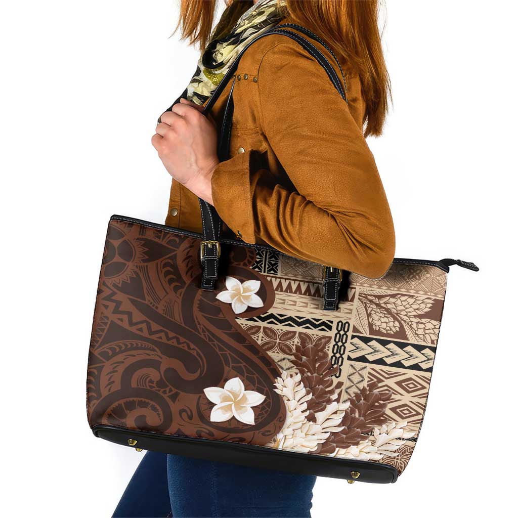 Samoa Teuila 2024 Leather Tote Bag Samoan Siapo Pattern Brown Version LT05 Brown - Polynesian Pride