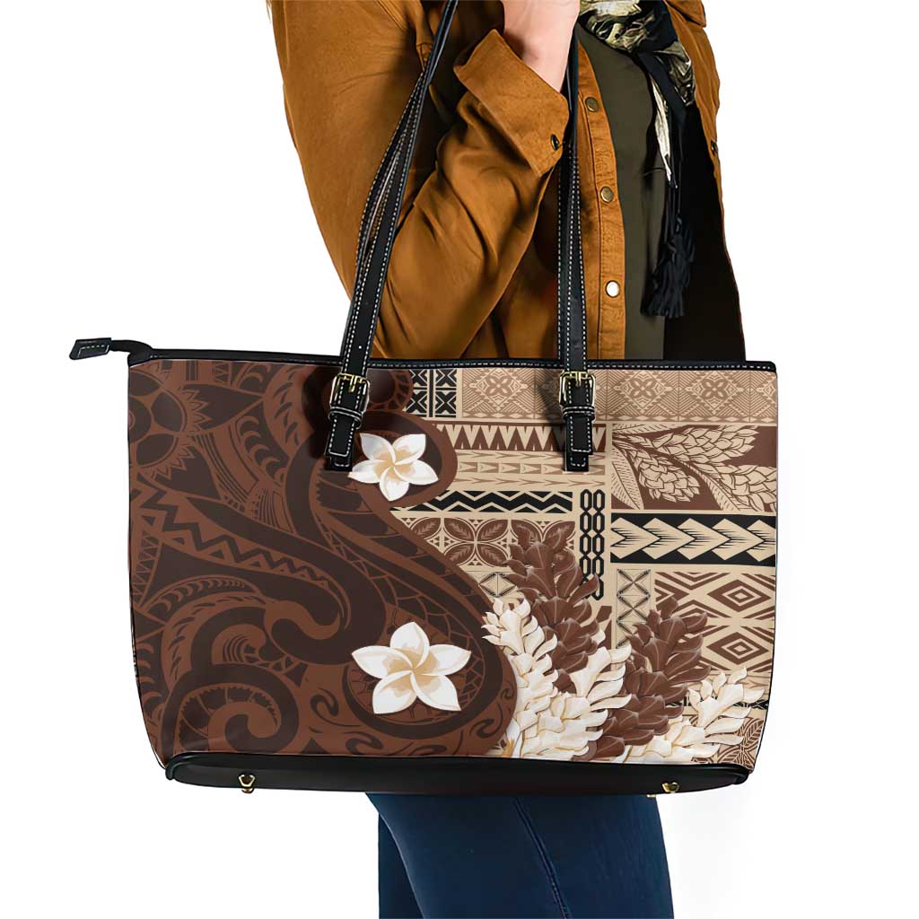 Samoa Teuila 2024 Leather Tote Bag Samoan Siapo Pattern Brown Version LT05 - Polynesian Pride