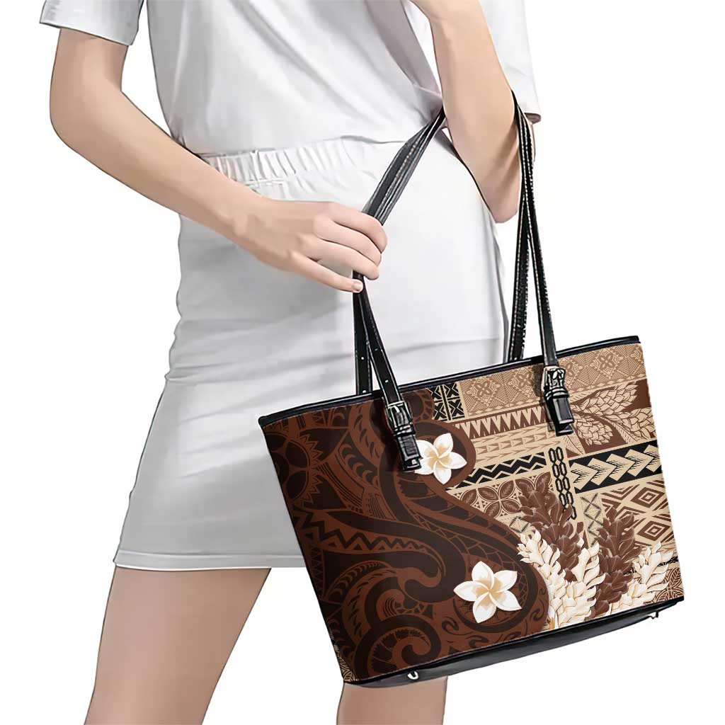 Samoa Teuila 2024 Leather Tote Bag Samoan Siapo Pattern Brown Version LT05 - Polynesian Pride