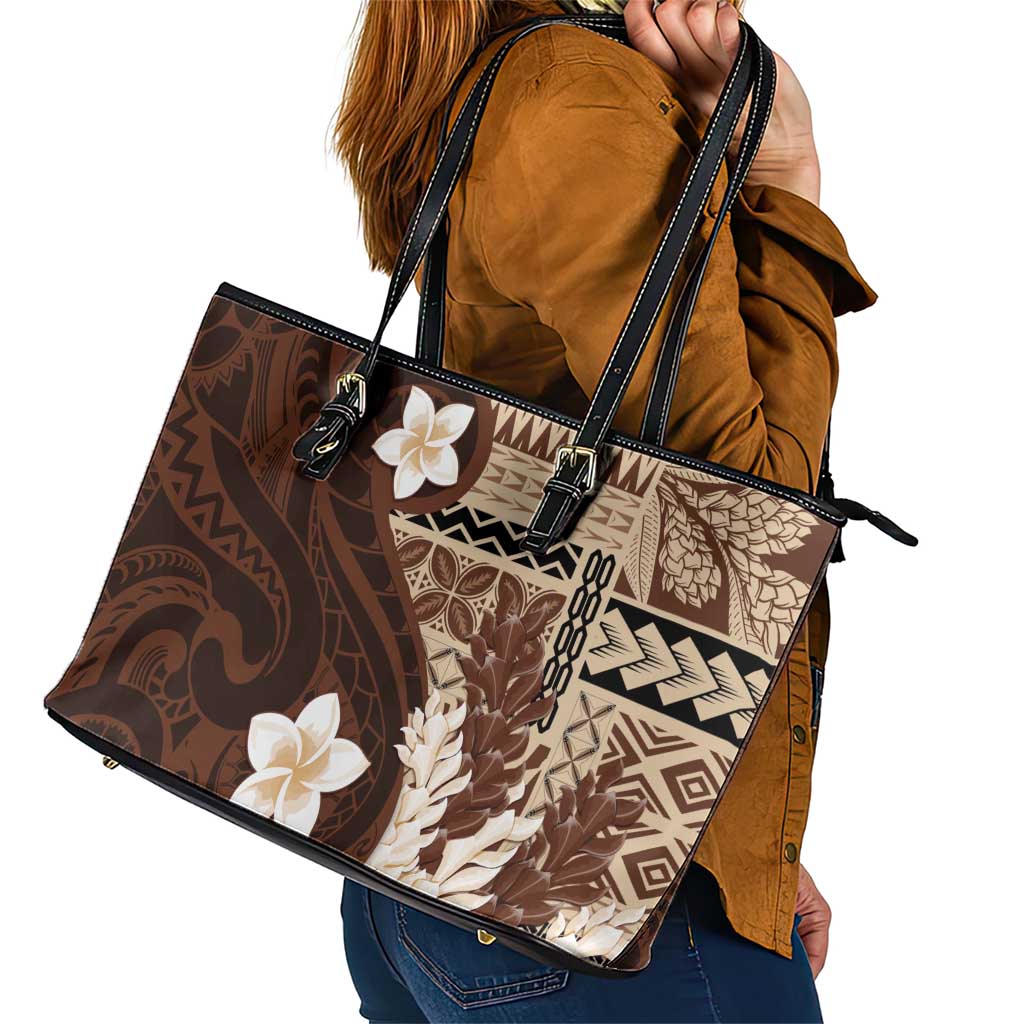 Samoa Teuila 2024 Leather Tote Bag Samoan Siapo Pattern Brown Version LT05 - Polynesian Pride