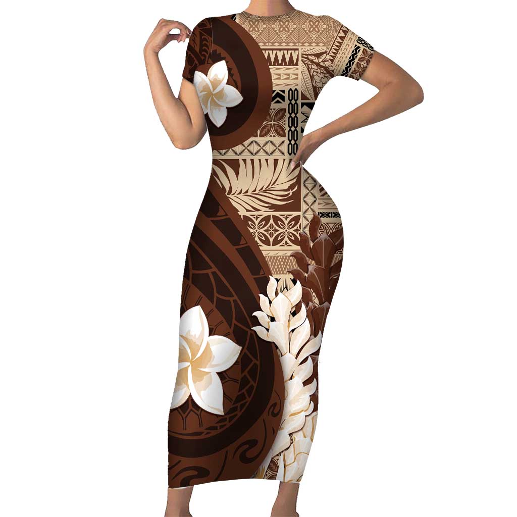 Samoa Teuila 2024 Short Sleeve Bodycon Dress Samoan Siapo Pattern Brown Version LT05 Long Dress Brown - Polynesian Pride