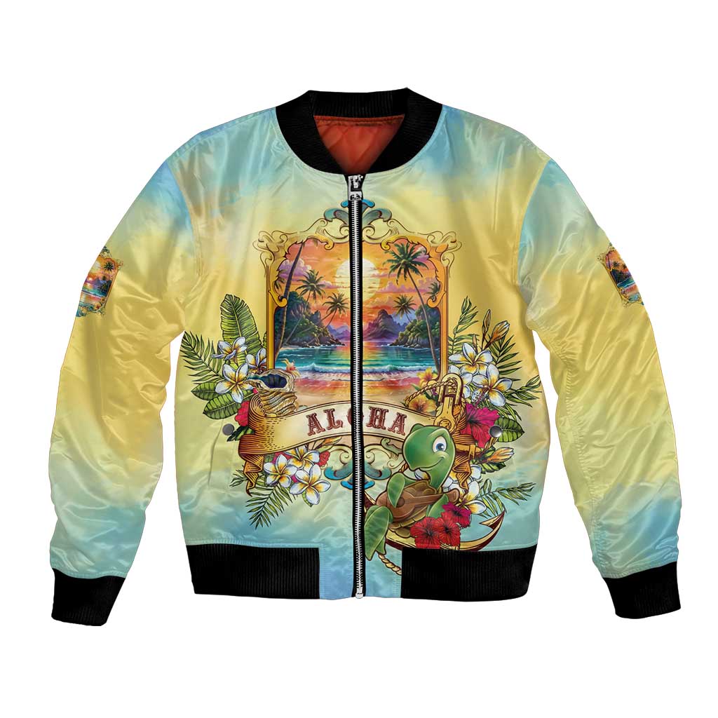 Aloha Hawaii Turtle Bomber Jacket Retro Style LT05 Unisex Beige - Polynesian Pride