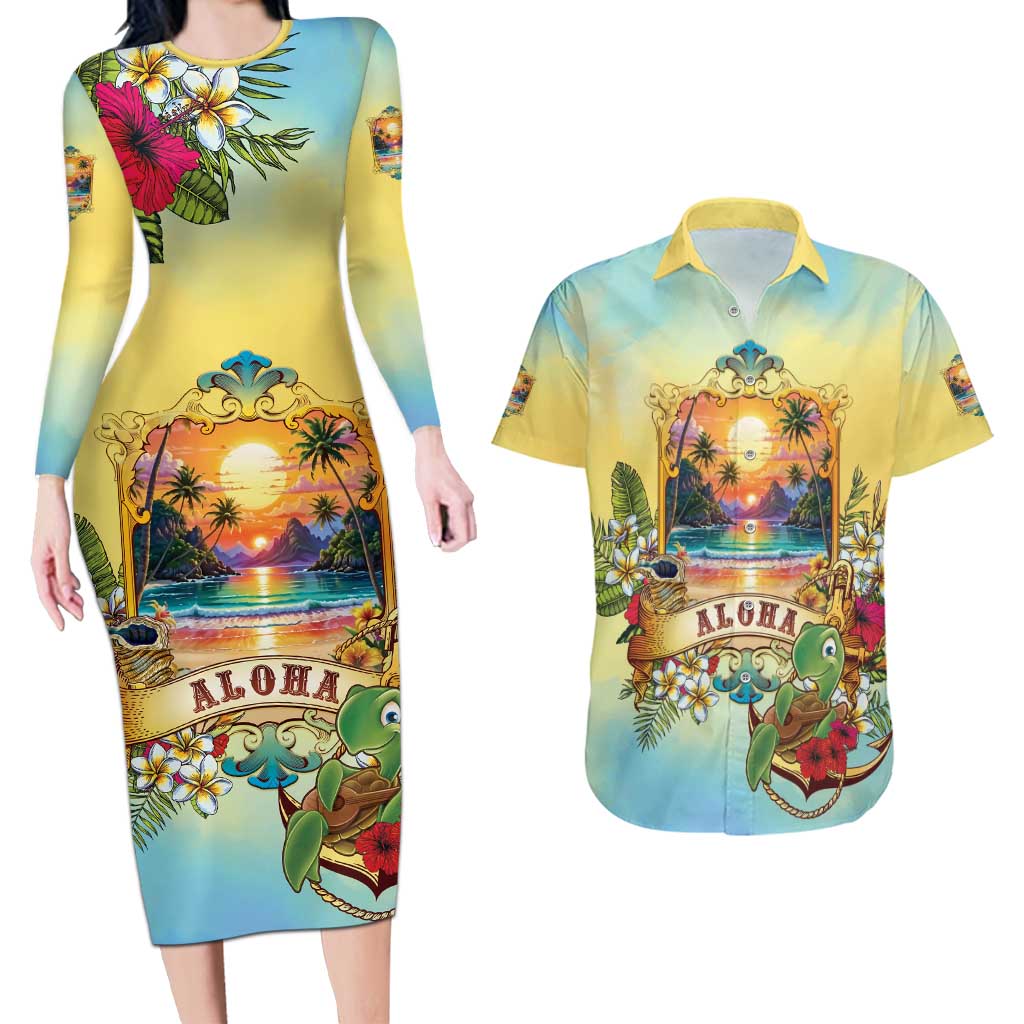 Aloha Hawaii Turtle Couples Matching Long Sleeve Bodycon Dress and Hawaiian Shirt Retro Style - Polynesian Pride