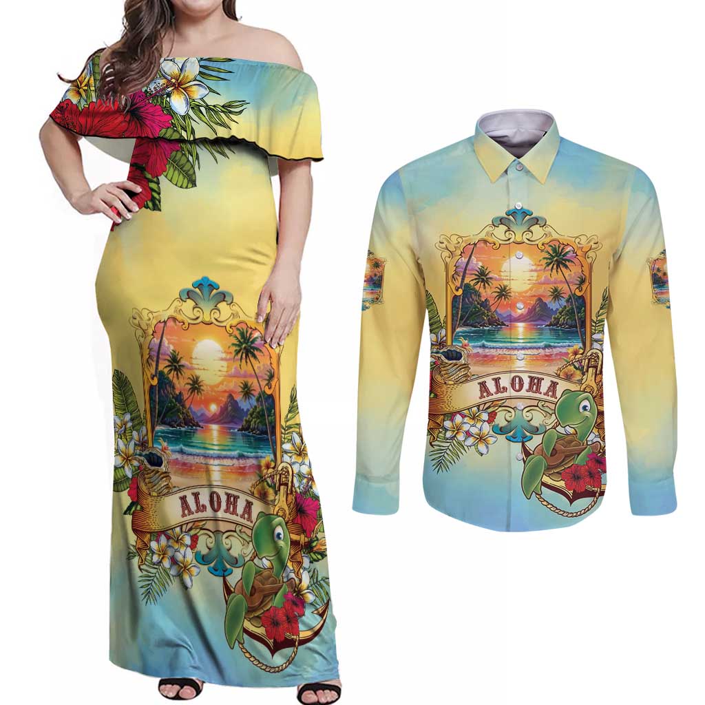 Aloha Hawaii Turtle Couples Matching Off Shoulder Maxi Dress and Long Sleeve Button Shirt Retro Style - Polynesian Pride