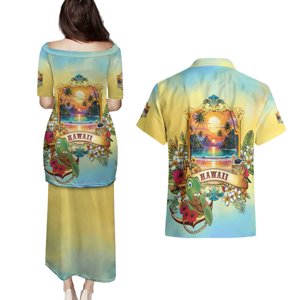 Aloha Hawaii Turtle Couples Matching Puletasi and Hawaiian Shirt Retro Style - Polynesian Pride