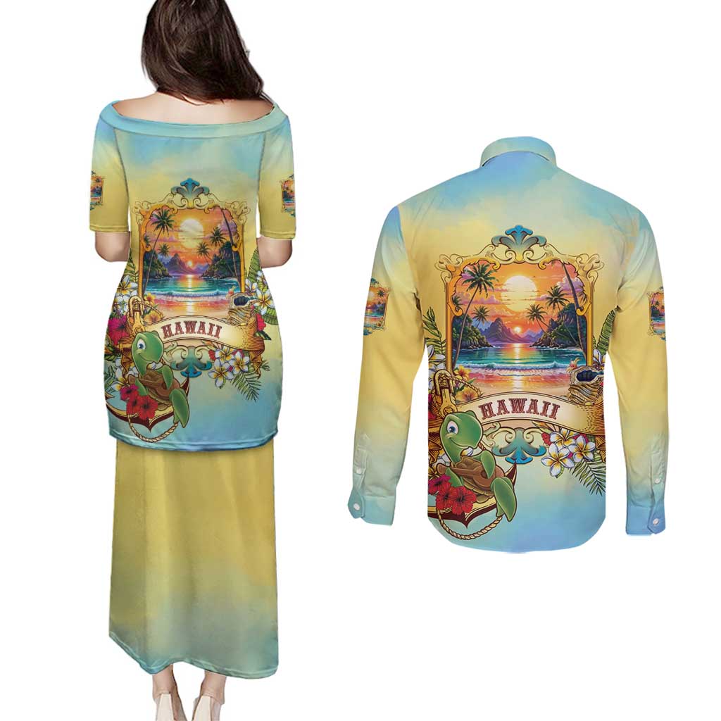 Aloha Hawaii Turtle Couples Matching Puletasi and Long Sleeve Button Shirt Retro Style - Polynesian Pride