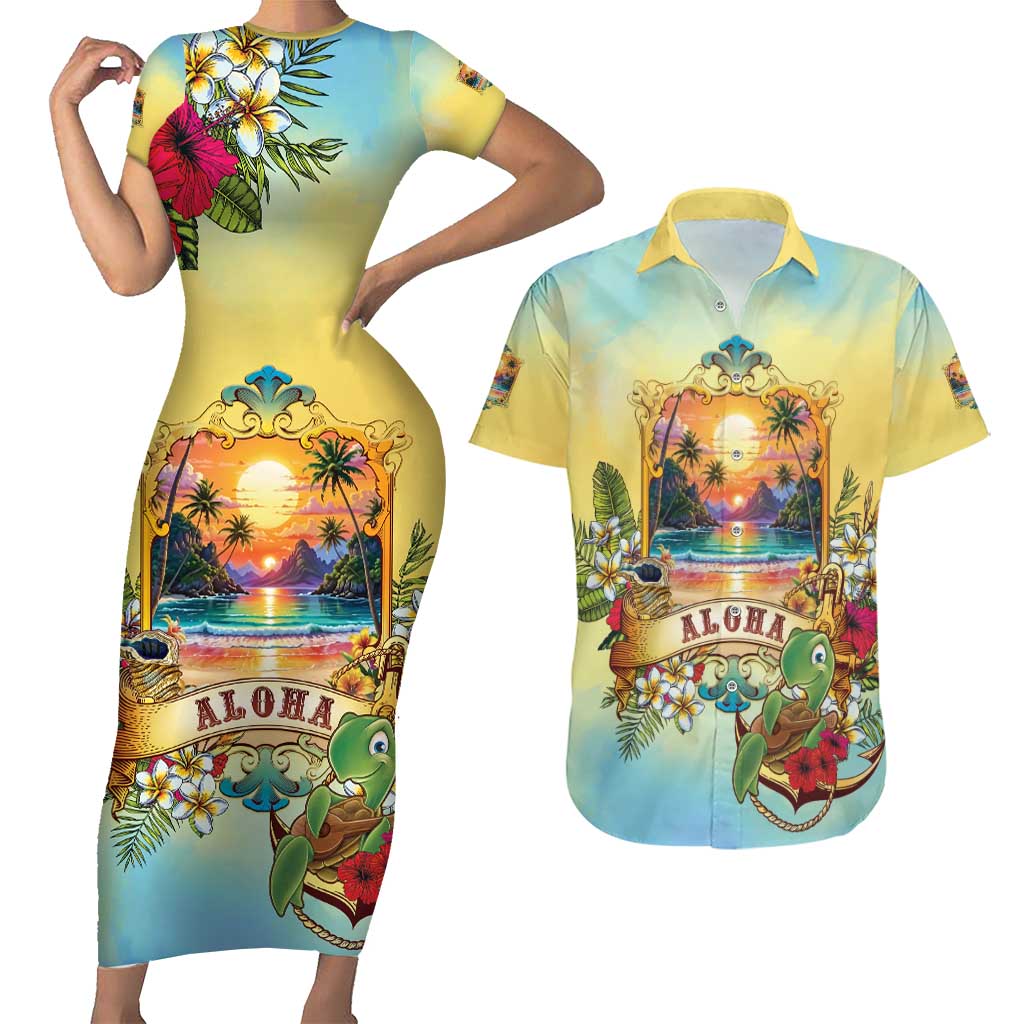 Aloha Hawaii Turtle Couples Matching Short Sleeve Bodycon Dress and Hawaiian Shirt Retro Style LT05 Beige - Polynesian Pride