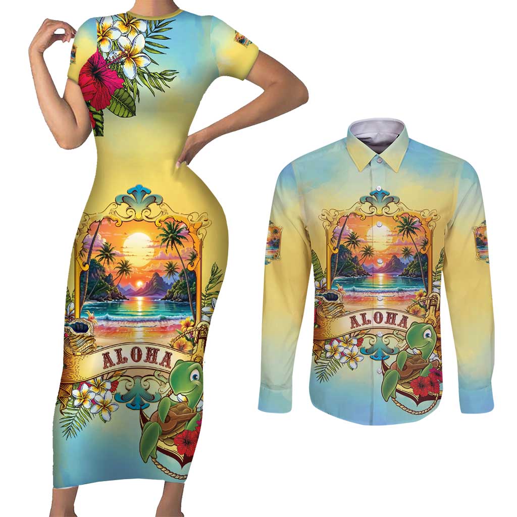 Aloha Hawaii Turtle Couples Matching Short Sleeve Bodycon Dress and Long Sleeve Button Shirt Retro Style - Polynesian Pride